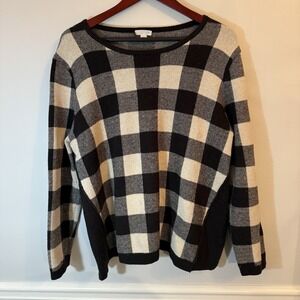 J Jill Sweater Medium M Black Cream Buffalo Plaid  Cotton Wool Blend Classic Wom